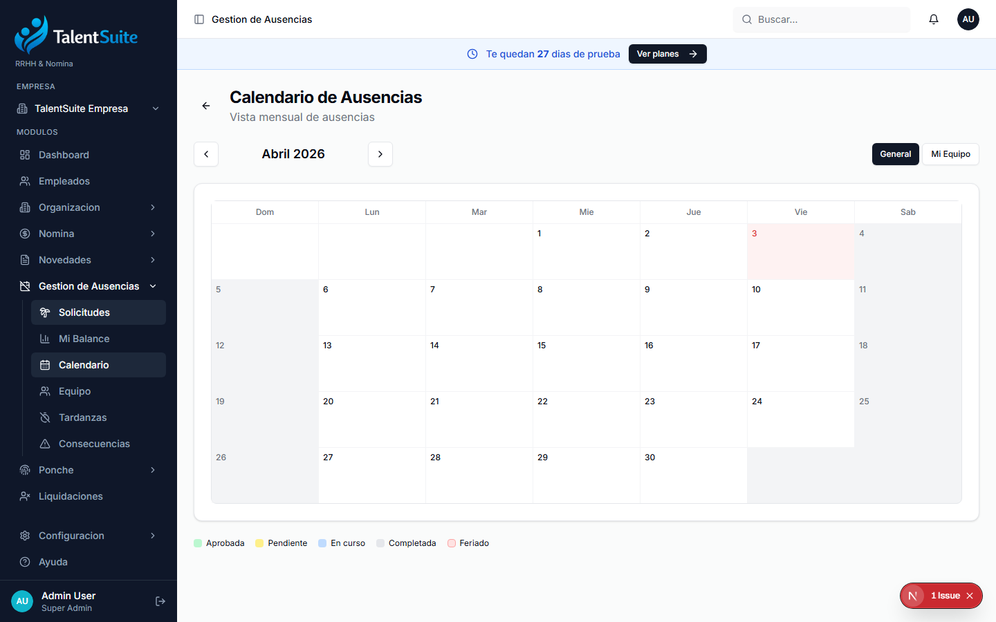 Calendario de ausencias mensual