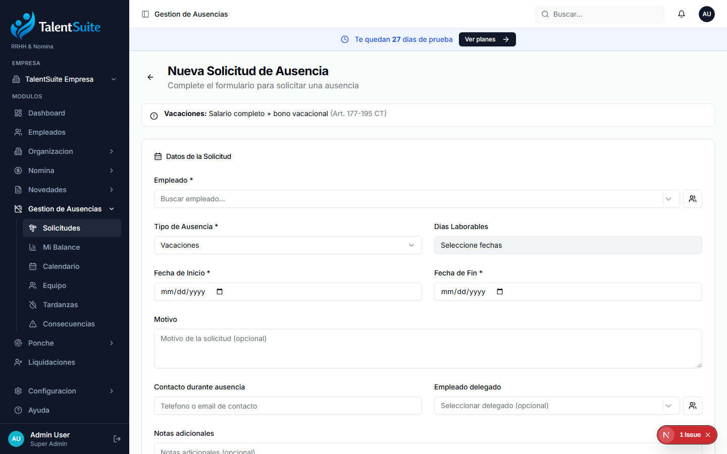 Formulario de nueva solicitud de ausencia