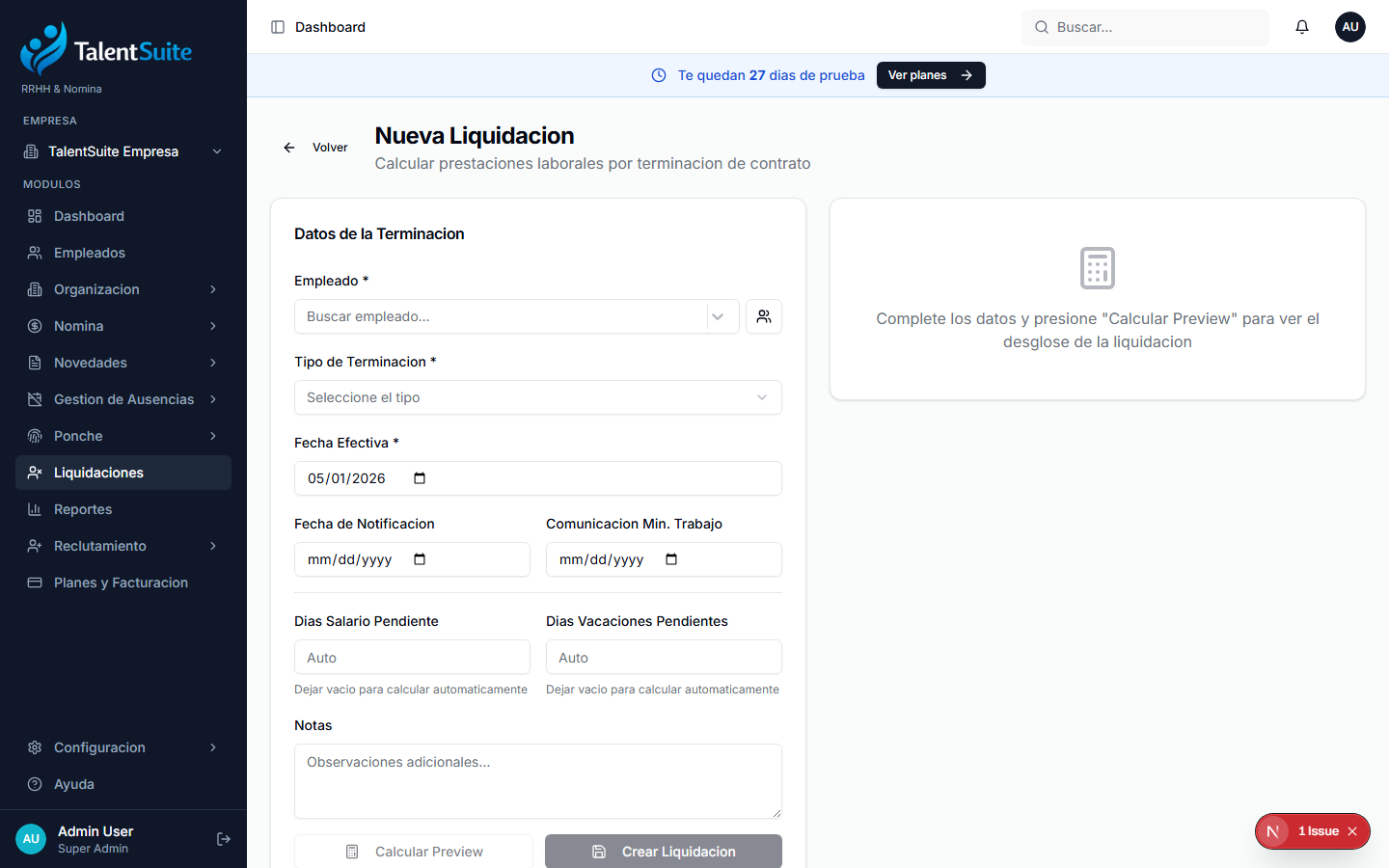 Formulario de nueva liquidación con preview de cálculo