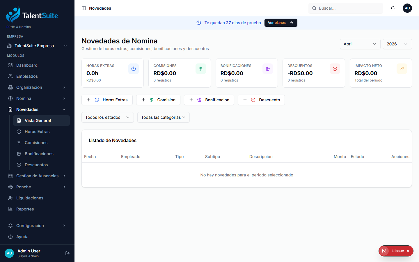 Vista general de Novedades con tarjetas por categoría