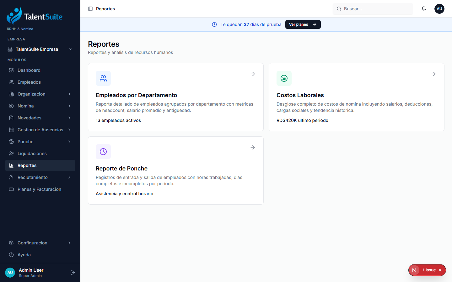 Dashboard de Reportes con tarjetas de cada reporte
